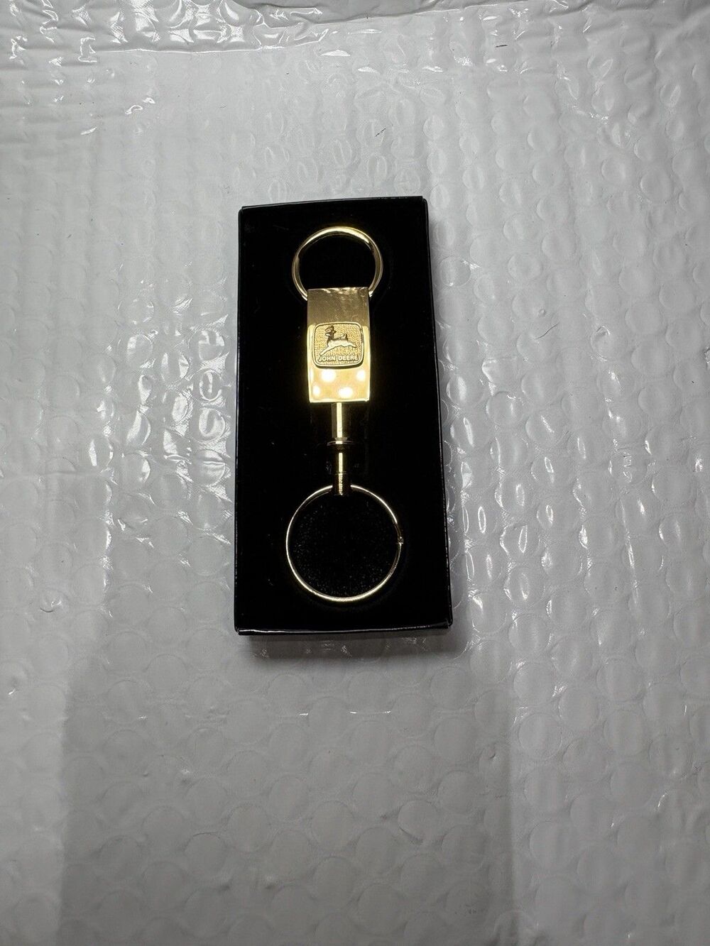 New John Deere Two Piece Gold Tone Detachable Key Chain in Box